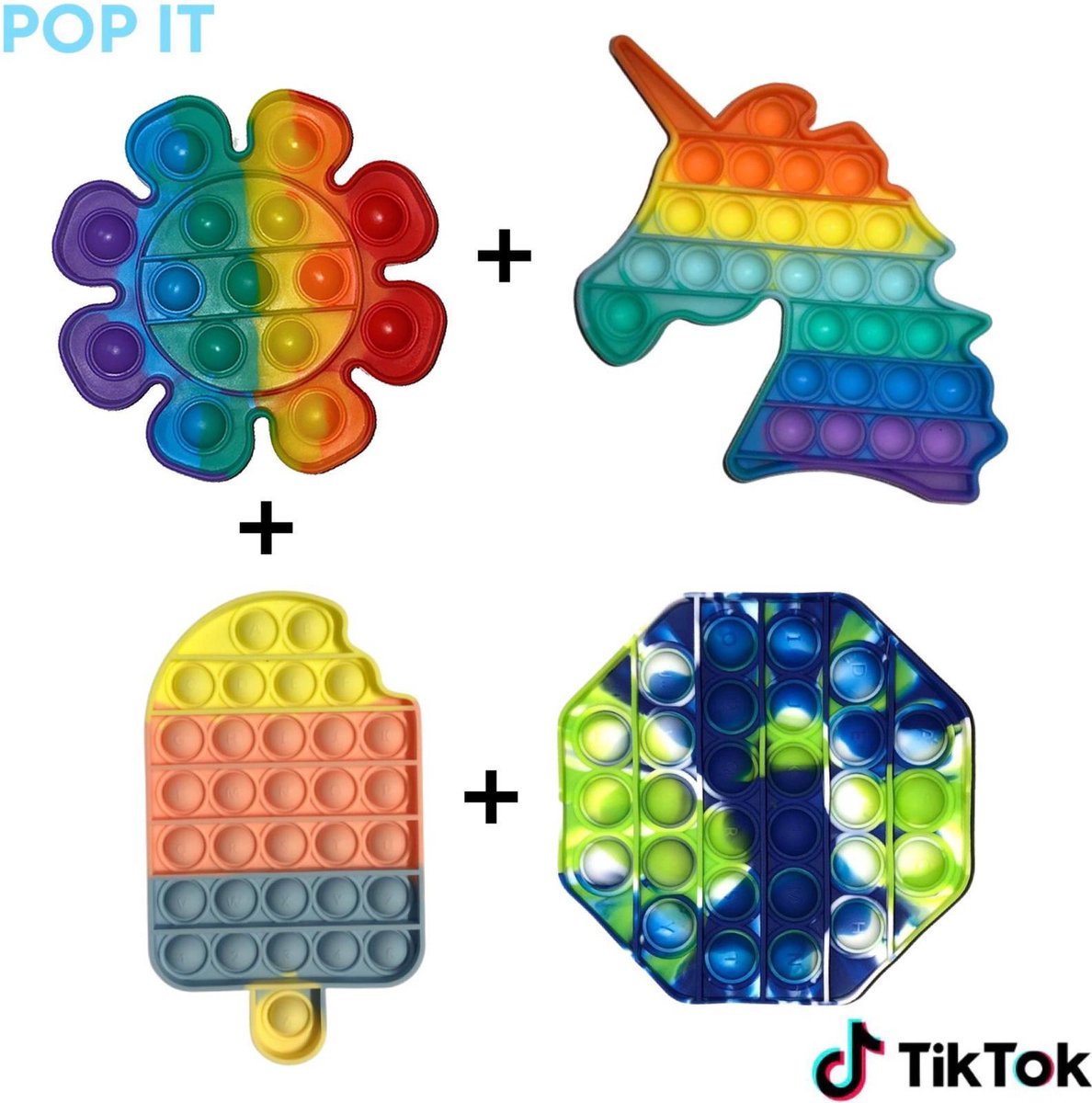 Pop it fidget toys pakket set 4 in 1 rainbow regenboog bloem + eenhoorn regenboog + multicolor ijsje + octagon camouflage | Tiktok trend 2021 | Anti stress | Meisjes√ jongens√ volwassenen√ | Verjaardag cadeautip | Leuk voor pasen